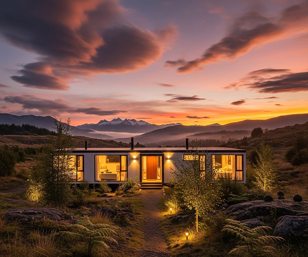 Casa prefabricada moderna iluminada al atardecer