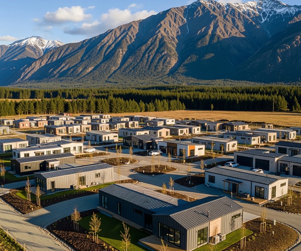 Conjunto de casas prefabricadas modernas en un entorno natural