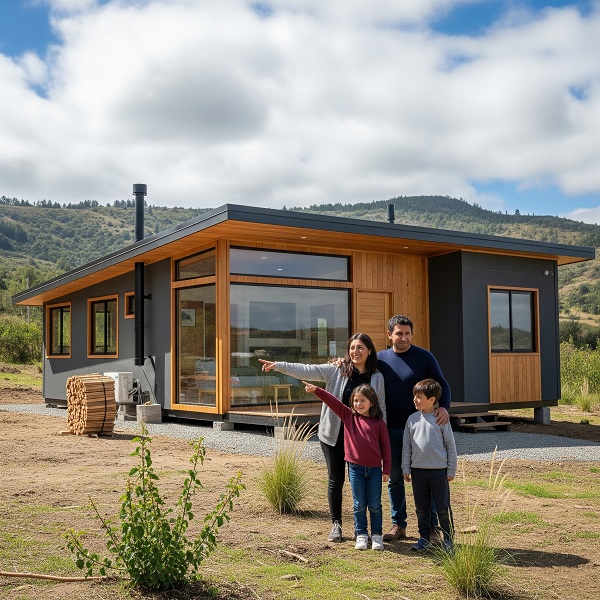 Familia frente a su nueva casa prefabricada